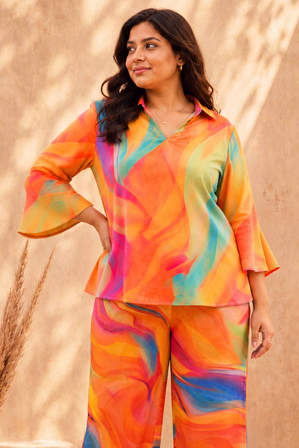 Plus Size Multicolor Abstract Print Cotton Coord Set for Women