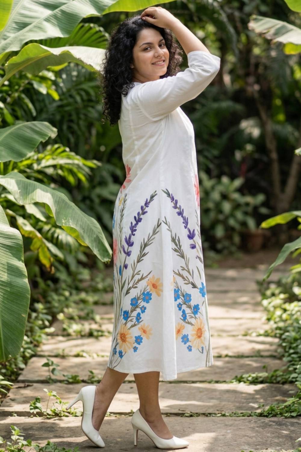 Plus Size White Floral Printed A-Line Midi Dress for Women