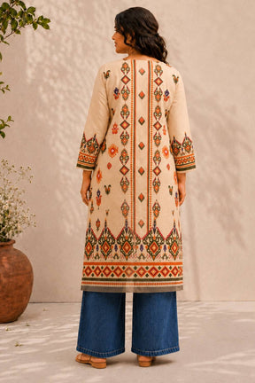 Plus Size Beige Ethnic Border Print cotton Kurti