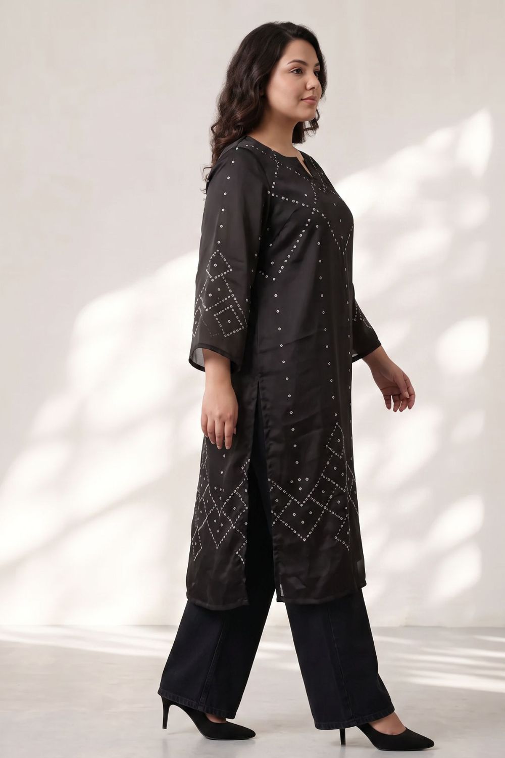 Plus Size Black Bandhej Print Georgette Kurta for Women