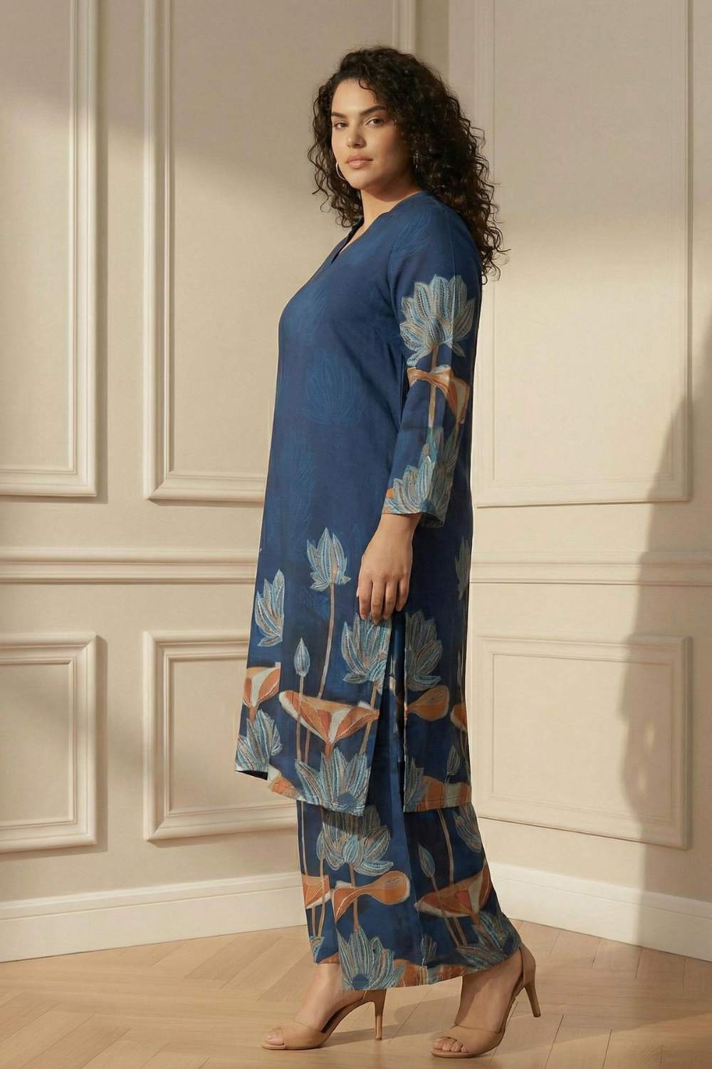 Plus Size Blue Floral SnugWeave™ Winter Kurta Coord Set