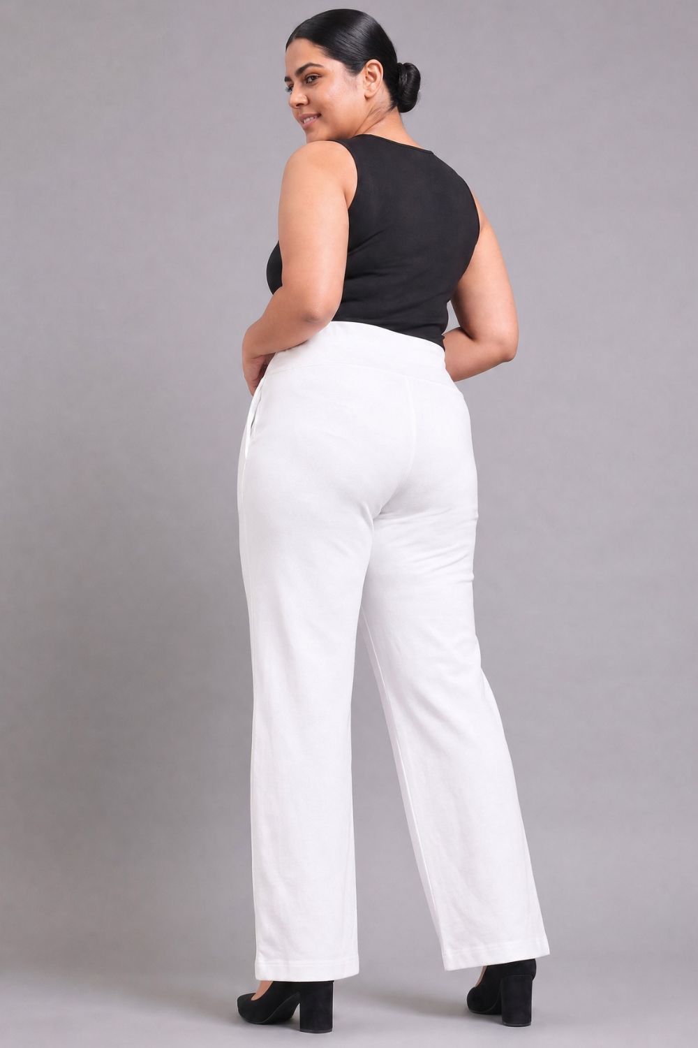 White Tummy Shaping Wide Straight Pants for Women
