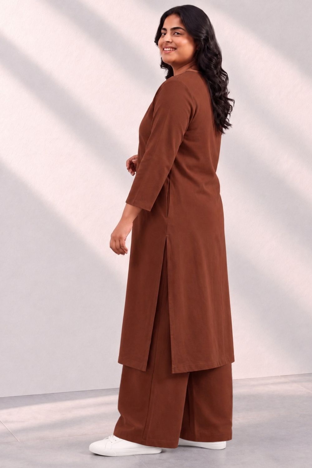 Plus Size Plus Size SoftEase V Neck Brown Cotton Kurta Coord Set