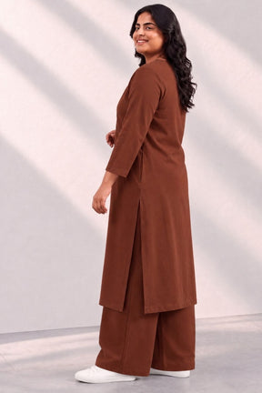 Plus Size SoftEase V Neck Brown Cotton Kurta Coord Set