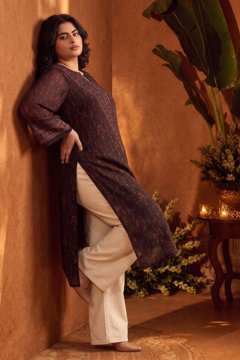 Plus Size Royal Motif Straight Georgette Kurta for Women