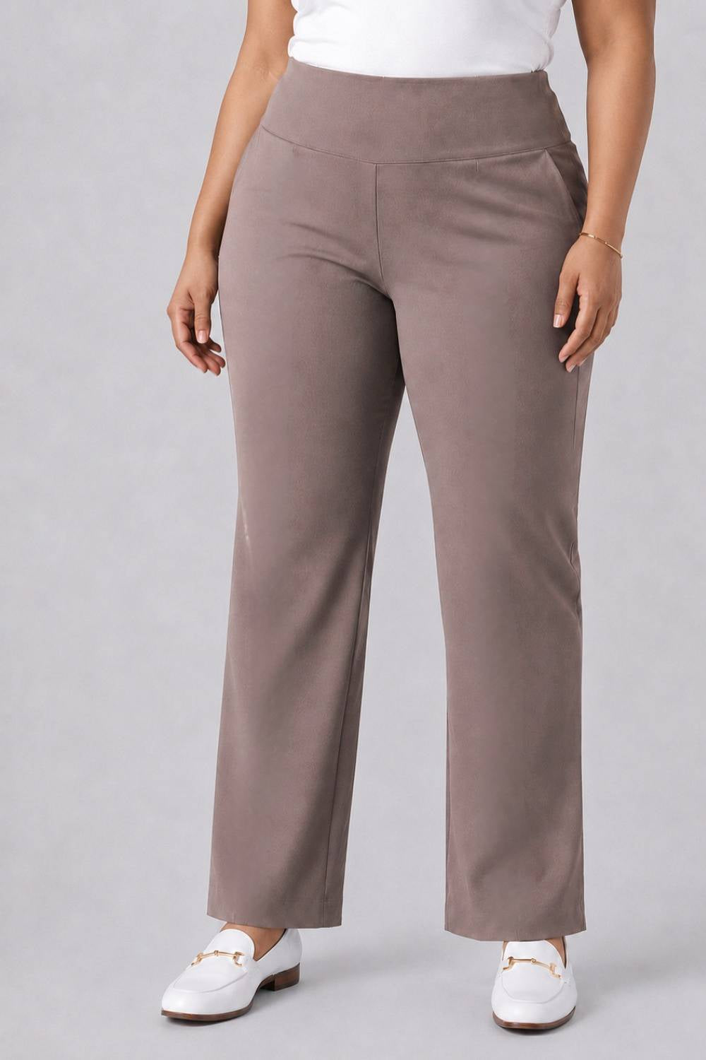 Comfortable Taupe Tummy Shaping Wide Straight Pants