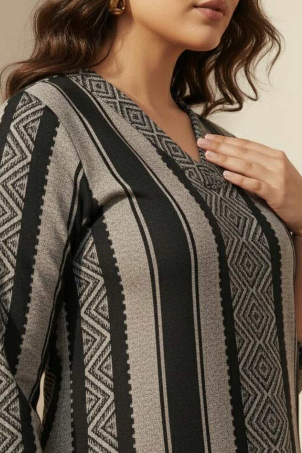 Plus Size Black Beige Stripe SnugWeave™ Winter Kurta for Women