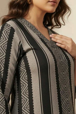 Plus Size Black Beige Stripe SnugWeave™ Winter Kurta