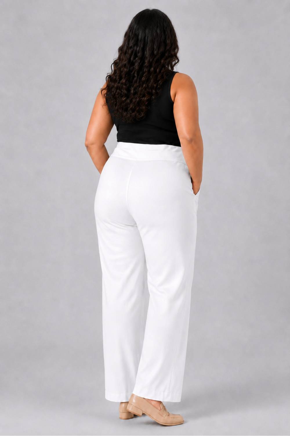 White Tummy Shaping Wide Straight Pants for Women