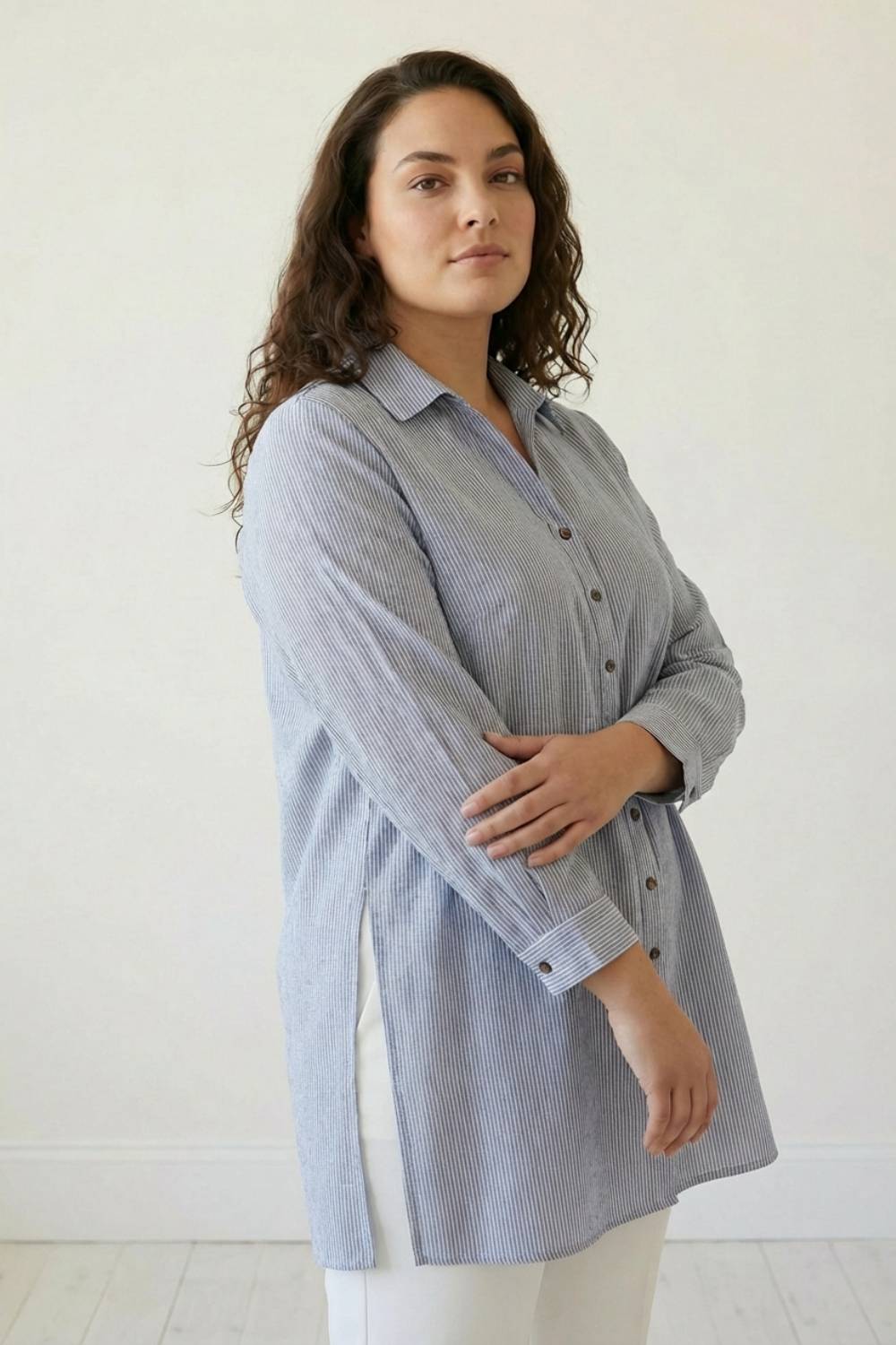 Plus Size Blue Chambray Pinstripe High Slit Longline Shirt for Women