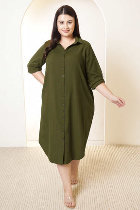 Plus Size Olive Green Cotton Linen Shirt Dress