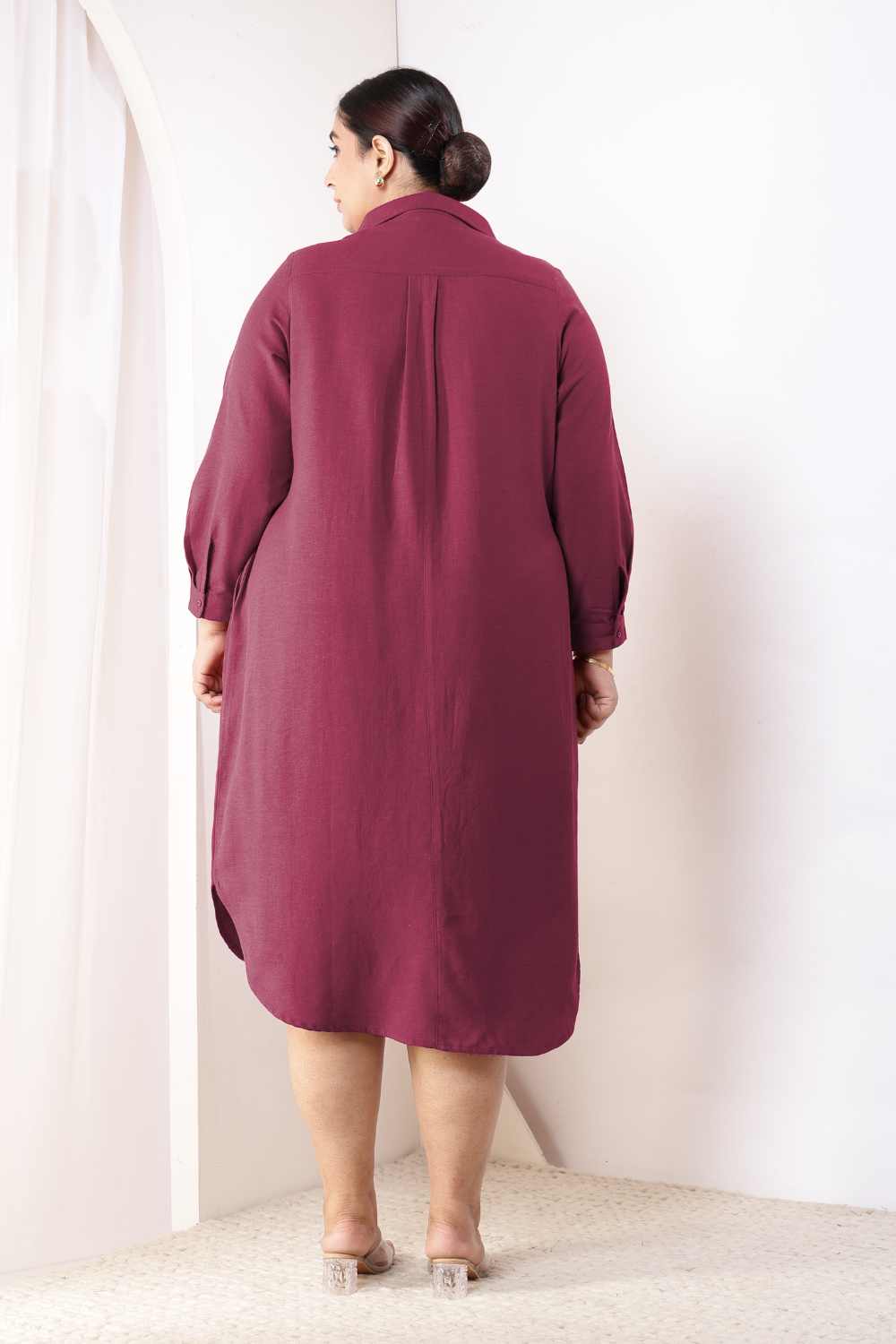 Comfortable Plus Size Wine Cotton Linen Shirt Dress