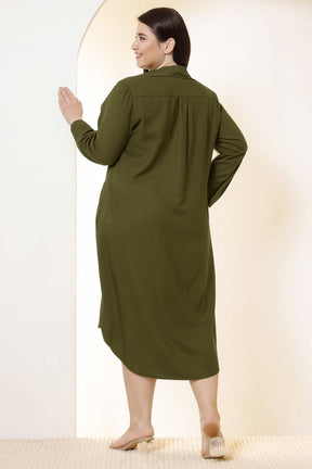 Plus Size Olive Green Cotton Linen Shirt Dress