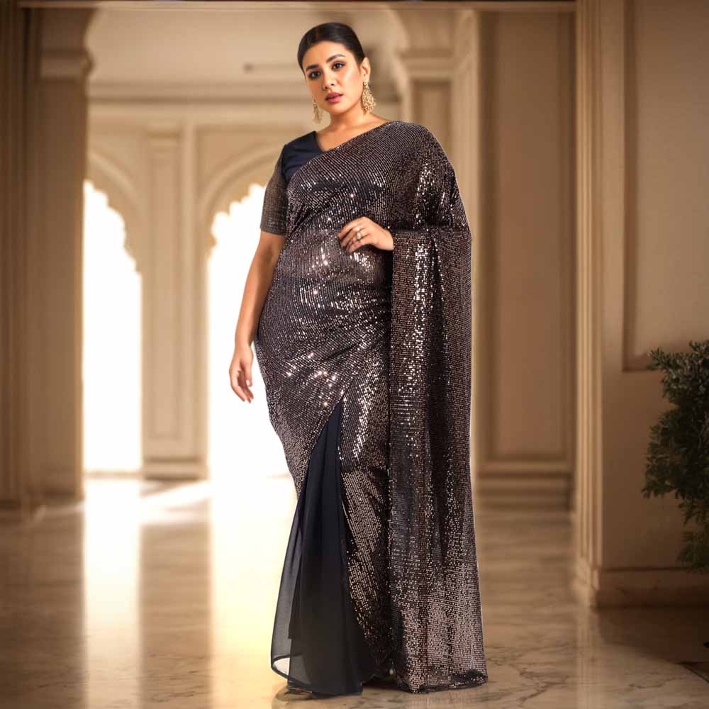 Plus Size Black Sequence Readymade Party Saree