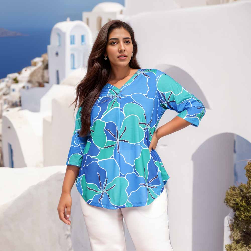 Plus Size Blue Green Abstract Centre Pleat Top