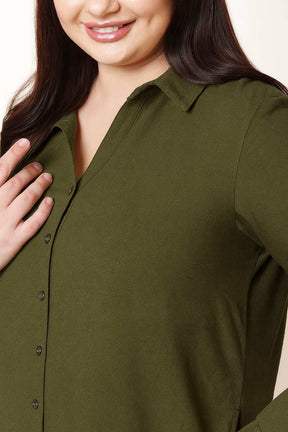Plus Size Olive Green Cotton Linen Shirt Dress