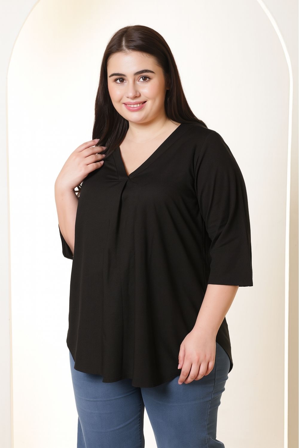 Plus Size Black V-Neck Cotton Linen Top