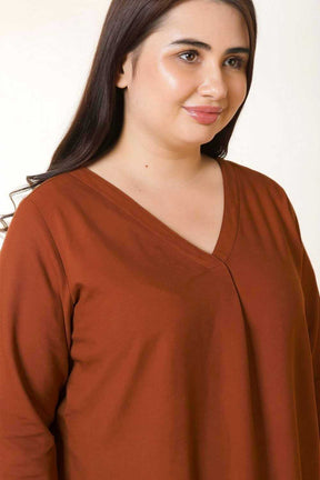 Plus Size Rust Brown V-Neck Cotton Linen Top