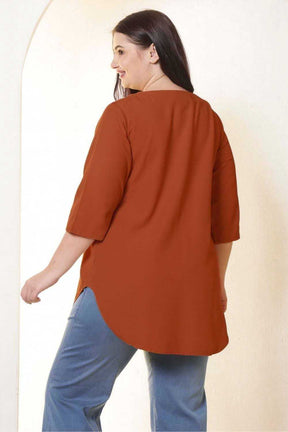 Plus Size Rust Brown V-Neck Cotton Linen Top