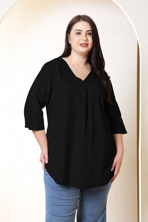 Plus Size Black V-Neck Cotton Linen Top