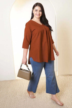 Plus Size Rust Brown V-Neck Cotton Linen Top