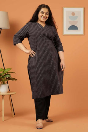 Plus Size Black Pinstripe Cotton V Neck Kurta