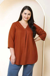 Plus Size Rust Brown V-Neck Cotton Linen Top