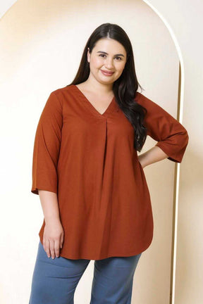 Plus Size Rust Brown V-Neck Cotton Linen Top