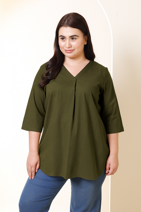 Plus Size Olive Green V-Neck Cotton Linen Top
