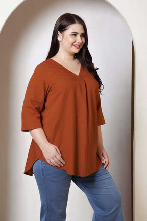 Plus Size Rust Brown V-Neck Cotton Linen Top