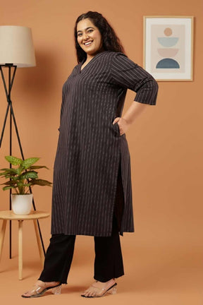Plus Size Black Pinstripe Cotton V Neck Kurta