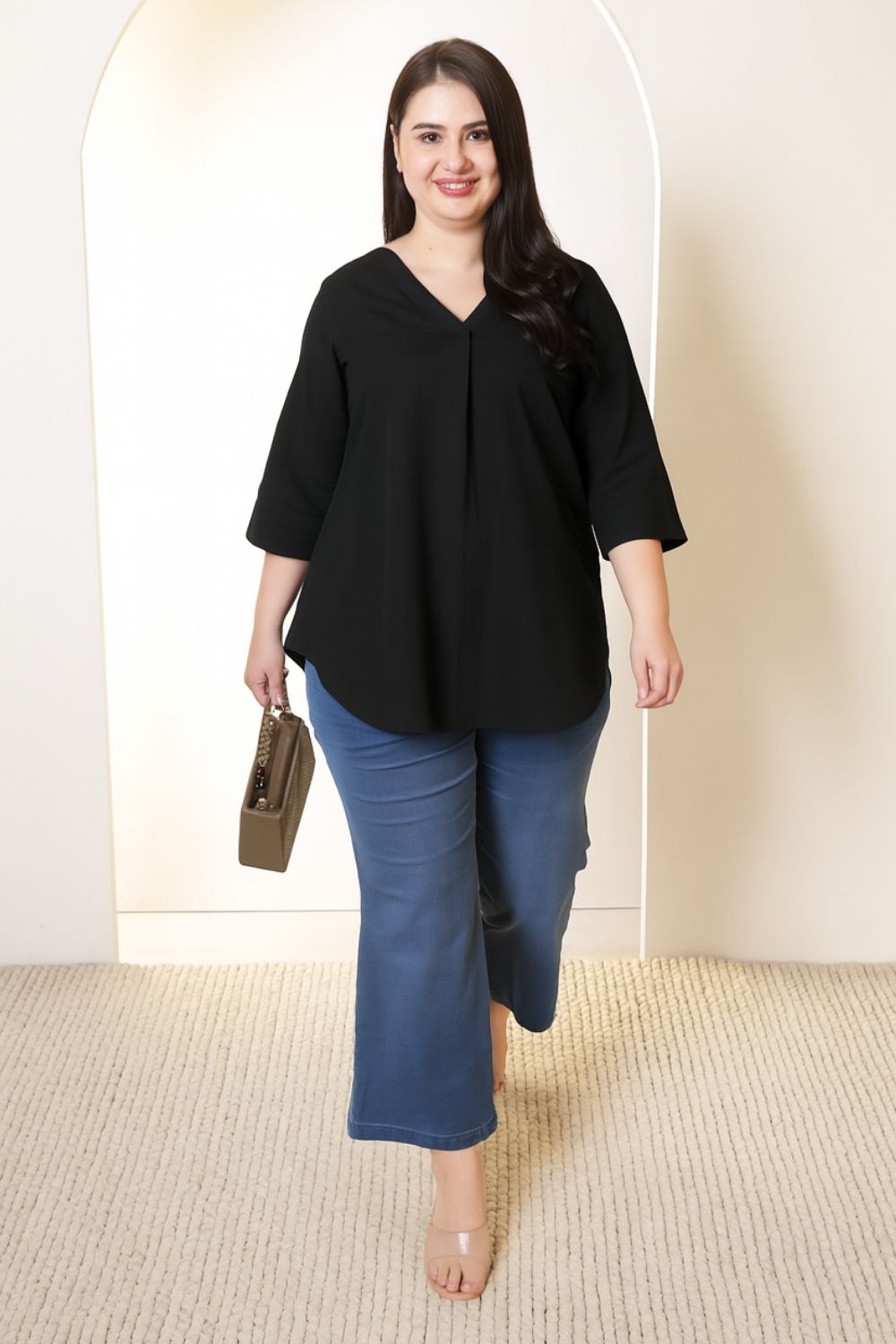 Plus Size Black V-Neck Cotton Linen Top