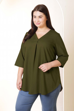 Plus Size Olive Green V-Neck Cotton Linen Top