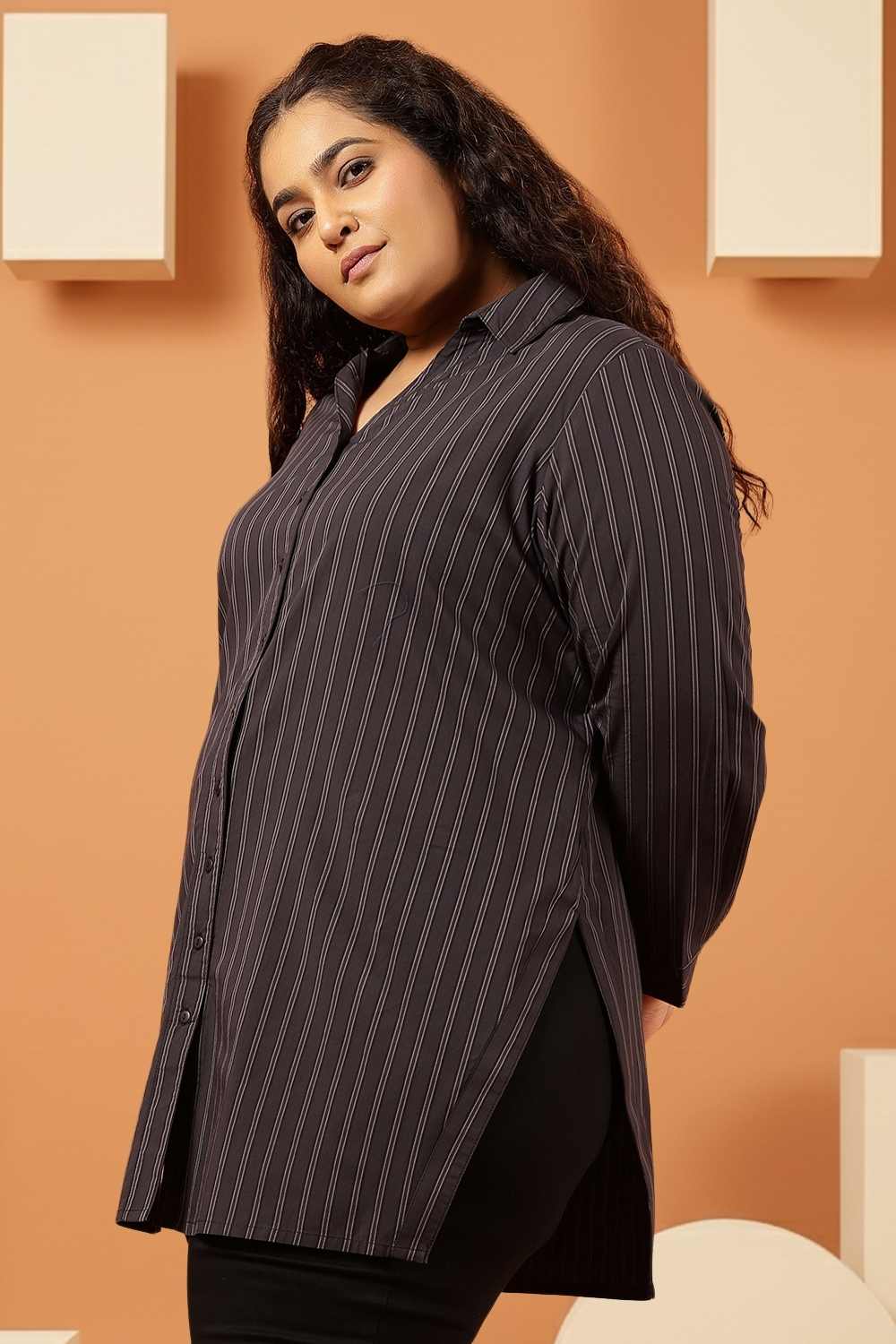 Plus Size Plus Size Black Pinstripe Cotton High Slit Longline Shirt