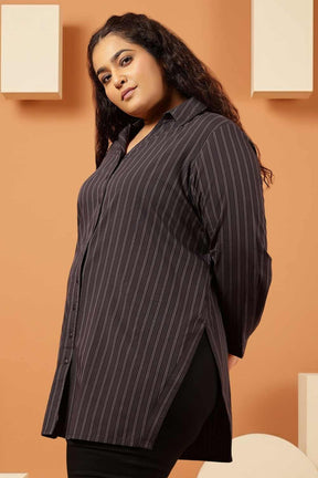 Plus Size Black Pinstripe Cotton High Slit Longline Shirt