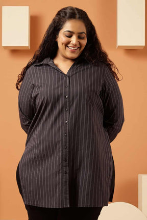 Plus Size Black Pinstripe Cotton High Slit Longline Shirt