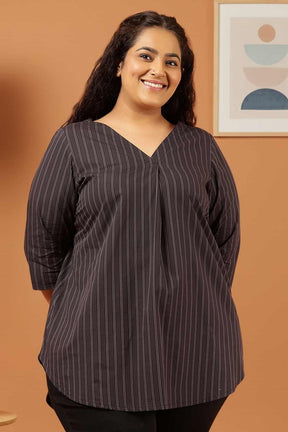Plus Size Black Pinstripe Cotton V Neck Top