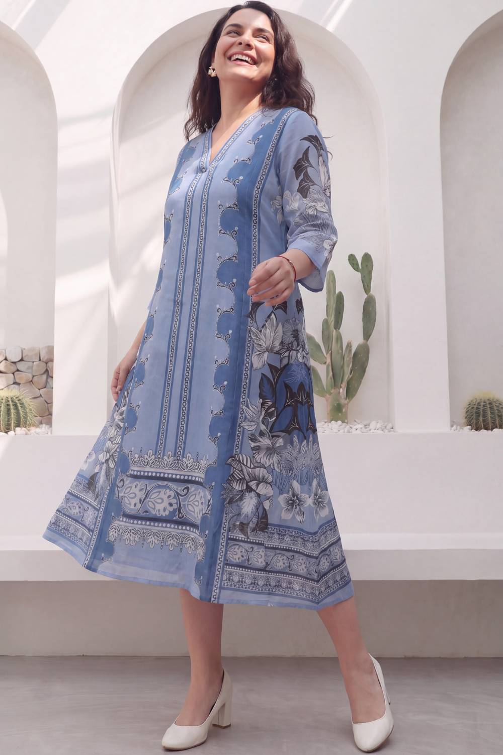 Blue Mirage Floral Plus Size Midi Dress for Women