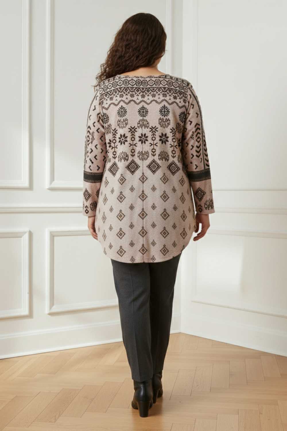 Plus Size Beige Printed V Neck SnugWeave™ Winter Top