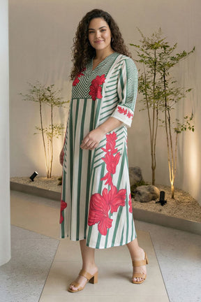 Plus Size Green Stripe Floral Print Cotton Midi Dress