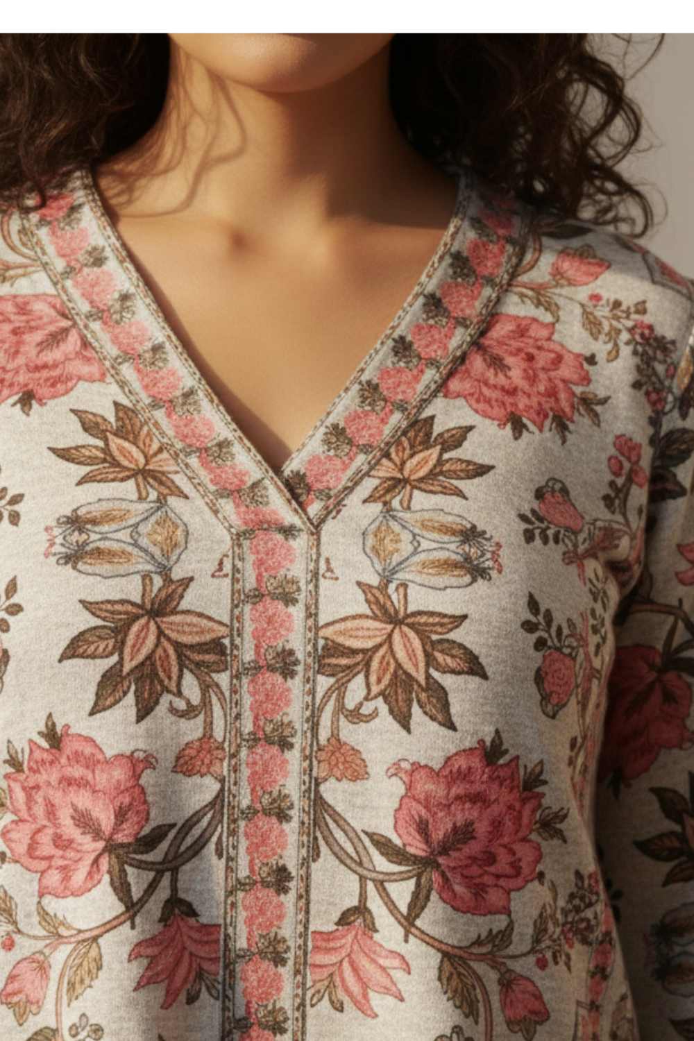 Comfortable Plus Size Pink Ethnic Floral SnugWeave™ Winter Top