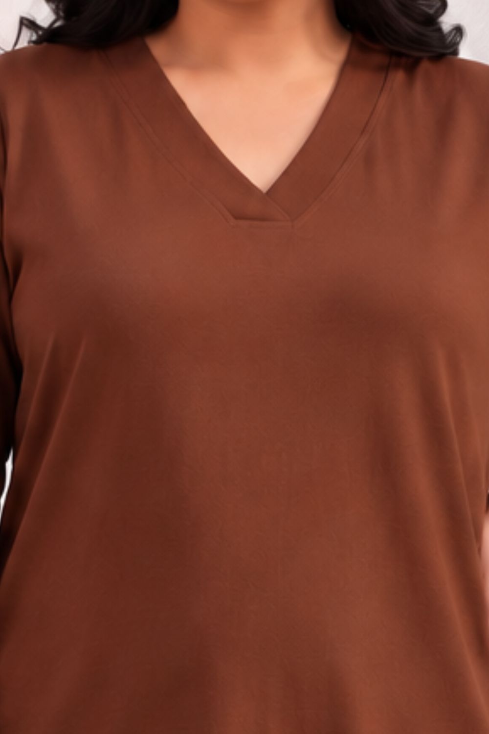 Plus Size SoftEase V Neck Brown Cotton Kurta for Women