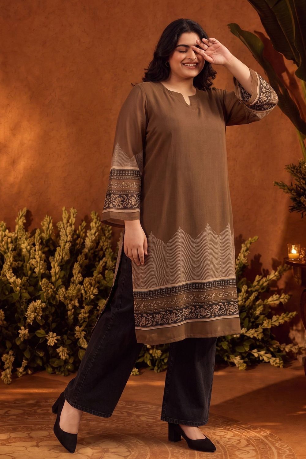 Plus Size Heritage Border Print Straight Georgette Kurta