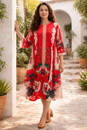 Plus Size Red Floral Printed A-Line Dress