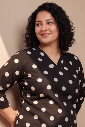 Plus Size Black Polka Print Rayon V Neck Kurta