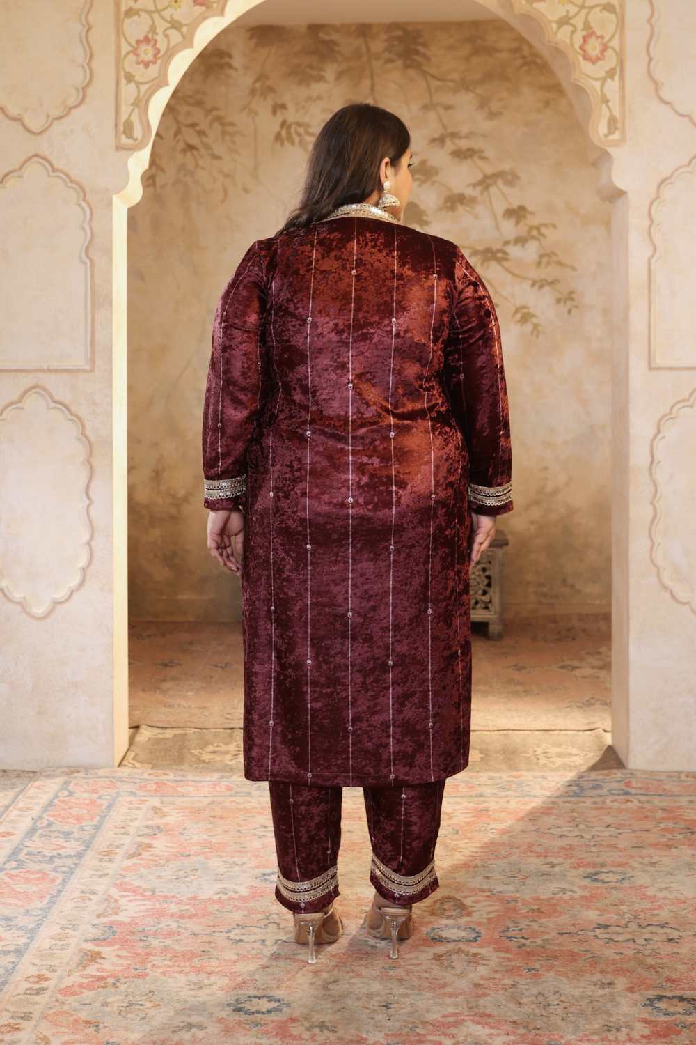 Plus Size Purple Print Velvet V Neck Suit Set