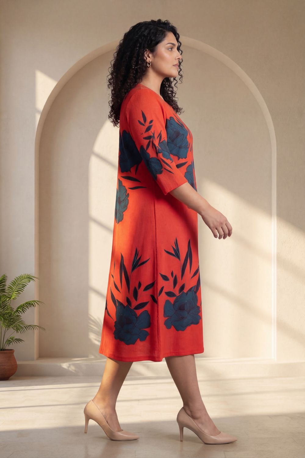 Plus Size Red Teal Floral Print A-Line Dress for Women