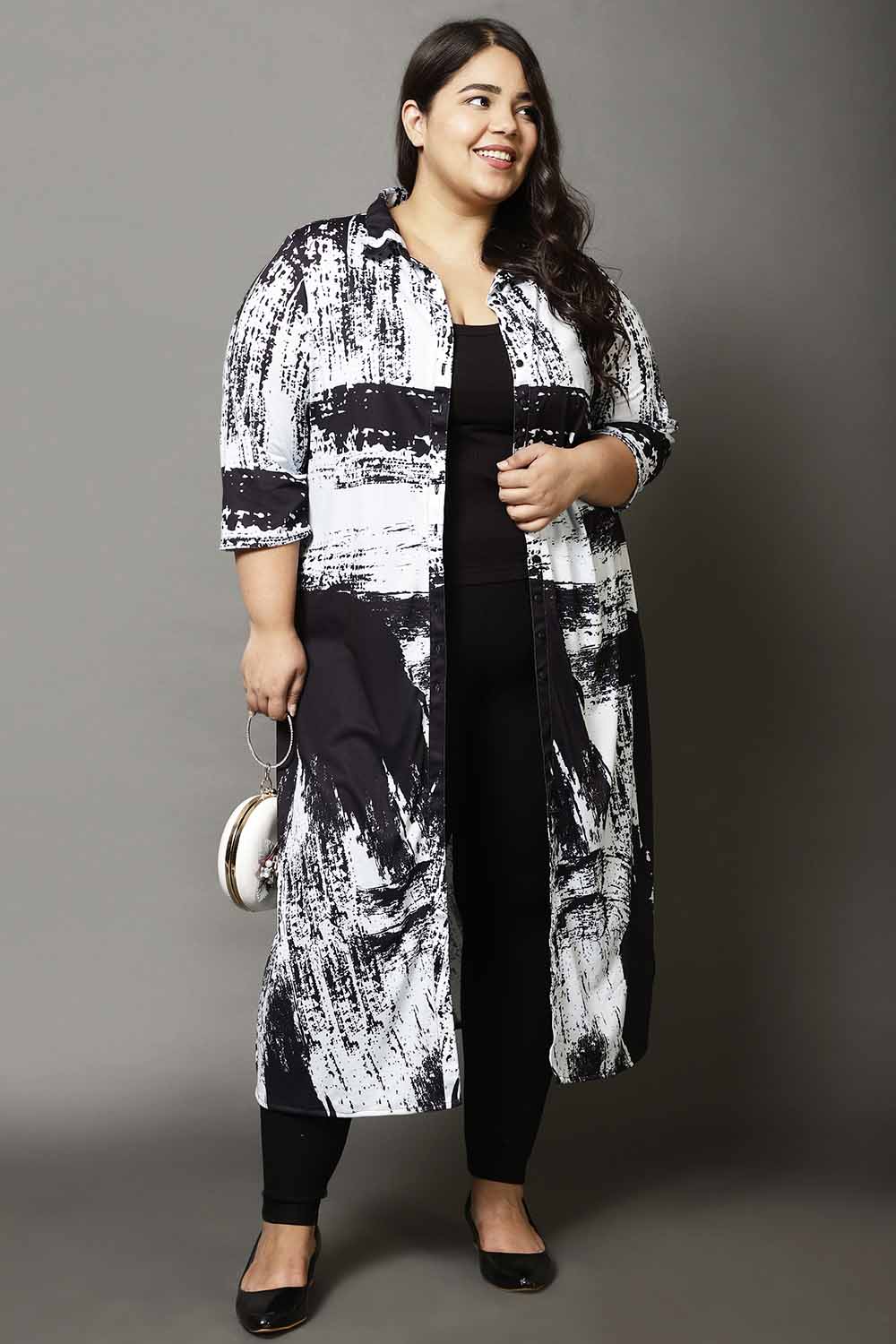 Plus Size Black Abstract Print Kurta Cum Shrug