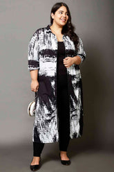 Plus Size Black Abstract Print Kurta Cum Shrug