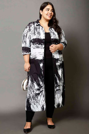 Plus Size Black Abstract Print Kurta Cum Shrug
